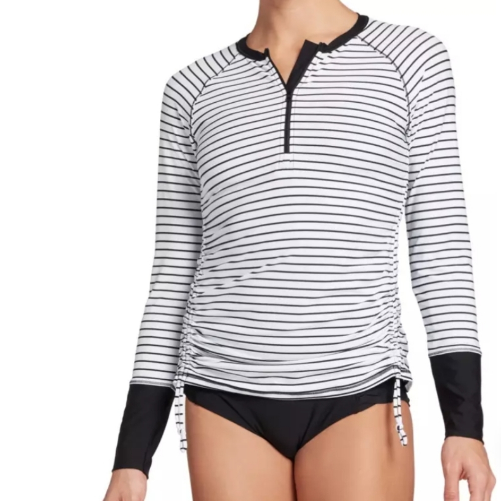 Calia Zip Long Sleeve Rashguard Stripes Ruching Black White XL